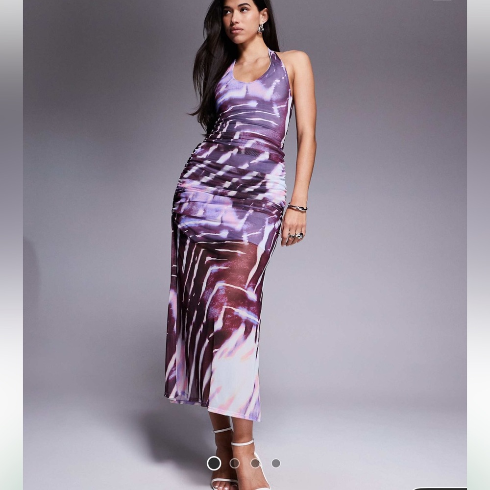 ASOS DESIGN halter mesh maxi dress ruching in abstract zebra print